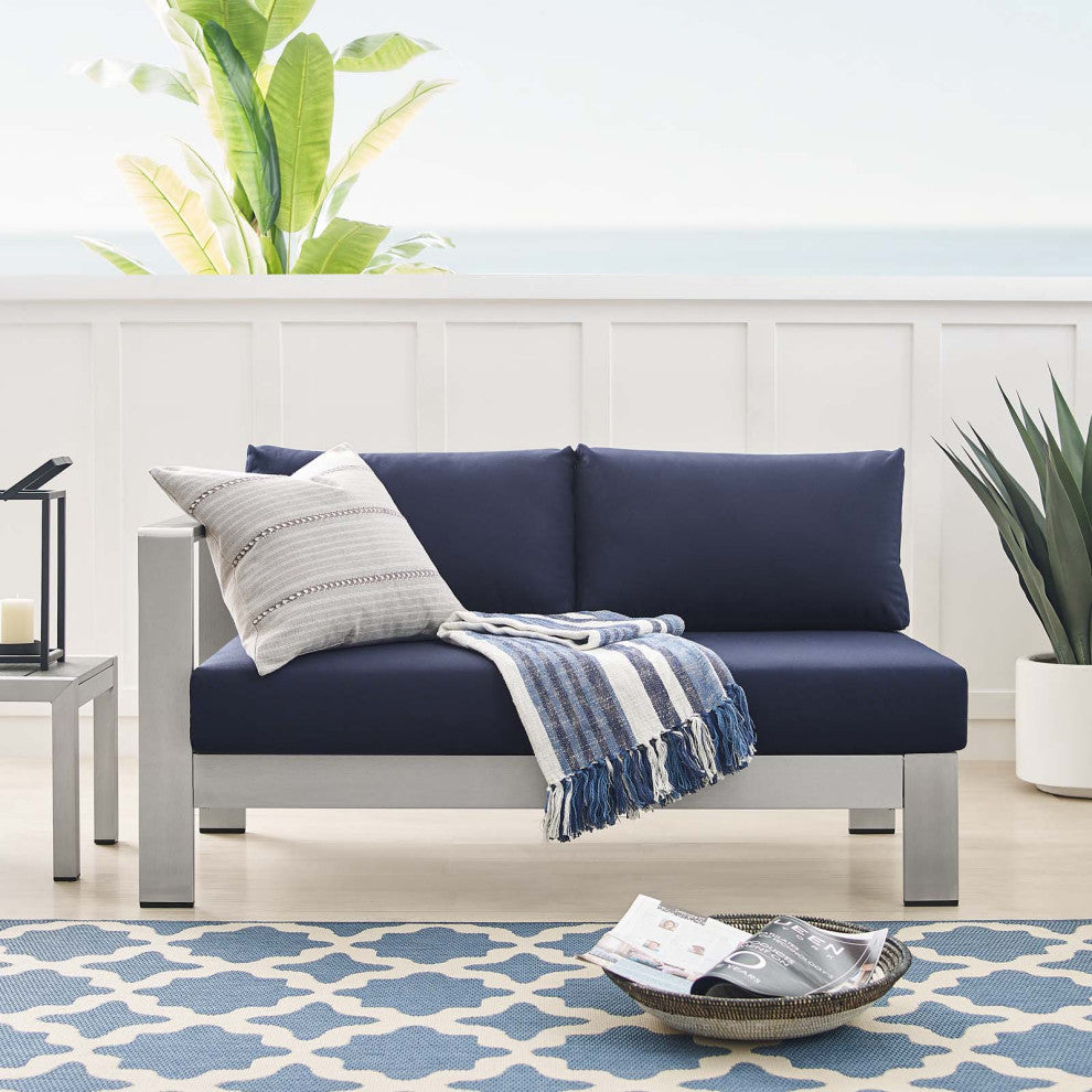 Lounge Loveseat Sofa, Sunbrella, Fabric, Aluminum, Silver Blue Navy, Outdoor