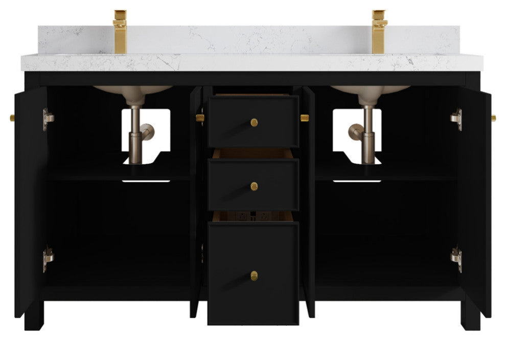 Chicago 60" Double Sink Bathroom Vanity, Black 2" Empira Quartz