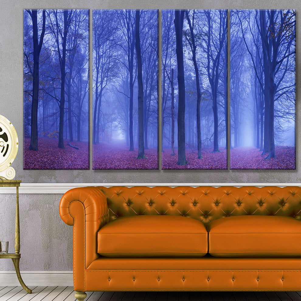 Two Paths in Foggy Blue Forest, Landscape Canvas Art Print, 48"x28", 4 Panels