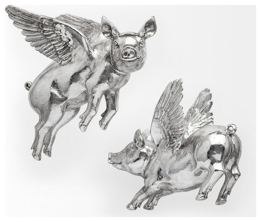 Hogbadi I White Resin Flying Pigs, Set Of 2, Silver