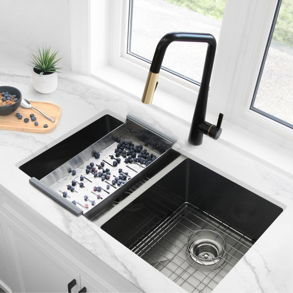 STYLISH 32in Graphite Black Double Bowl Undermount Stainless Steel Kitchen Sink