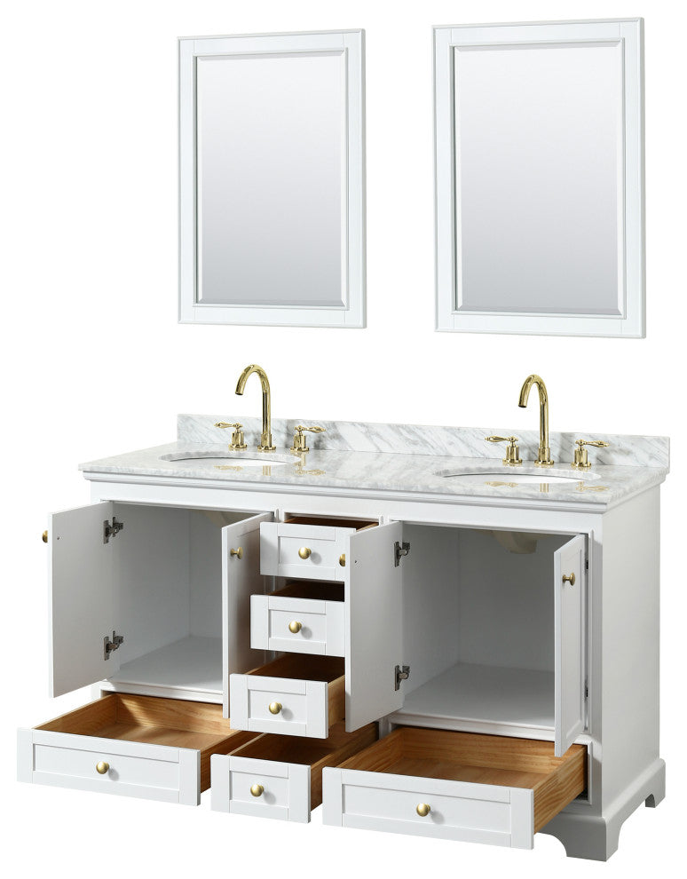 60"DBL Bath Vanity White, Carrara Countertop, Sinks, Gold Trim, 24" Mirrors