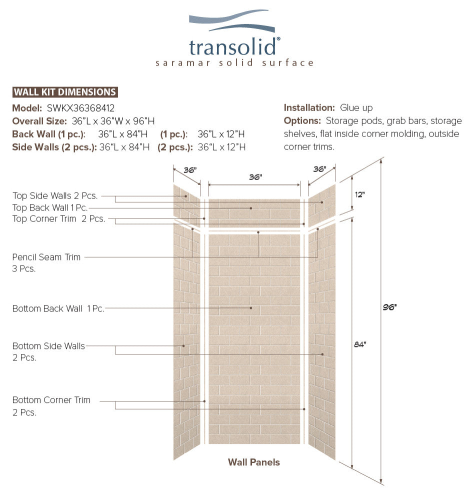 Transolid SaraMar 36"x36"x96" 6-Piece Shower Wall Kit with Extension, Cashew