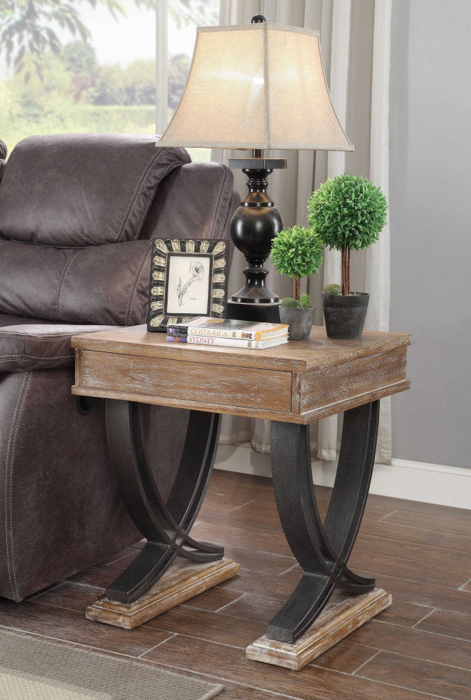 HomeRoots 20" X 22" X 25" Antique Oak Black Wood Metal End Table