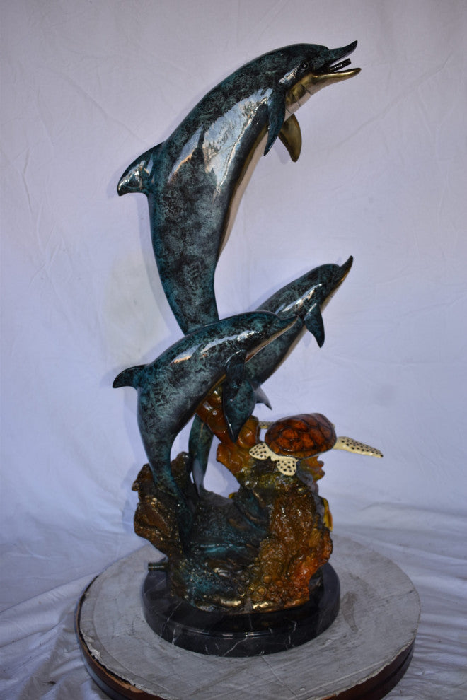 Three Dolphins Swim Next to A Sea Turtle Fountain Bronze Statue 17"x 15" x 38"