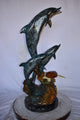 Three Dolphins Swim Next to A Sea Turtle Fountain Bronze Statue 17"x 15" x 38"