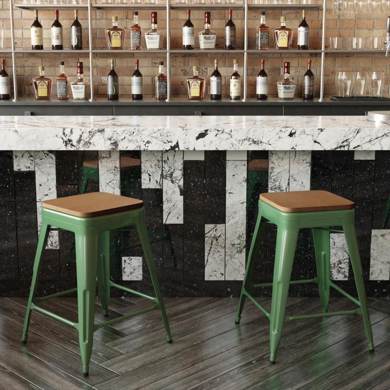 Kai Commercial Grade 24" High Metal Indoor-Outdoor Counter Height Stool, Green/Teak