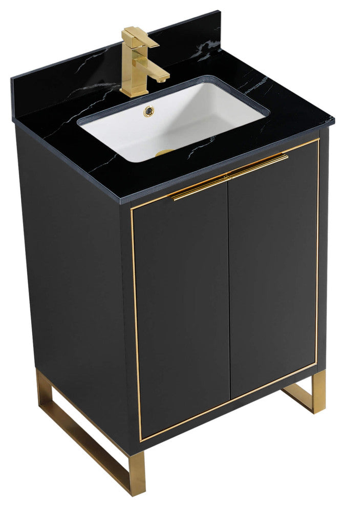 Opulence Bath Vanity, Black Matte, 24", Satin Brass Hardware, Black Marble Top