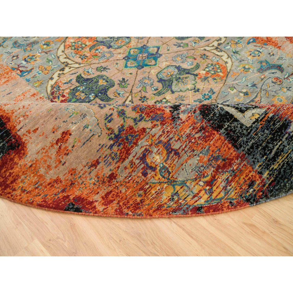 Orange Ancient Ottoman Erased Design Wool Hand Knotted Round Rug 10'x10'