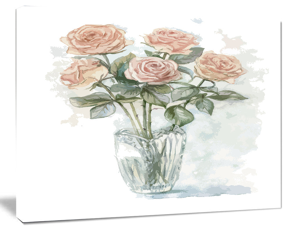 Pink Roses Bunch in the Vase, Large Floral Canvas Art Print, 20"x12"