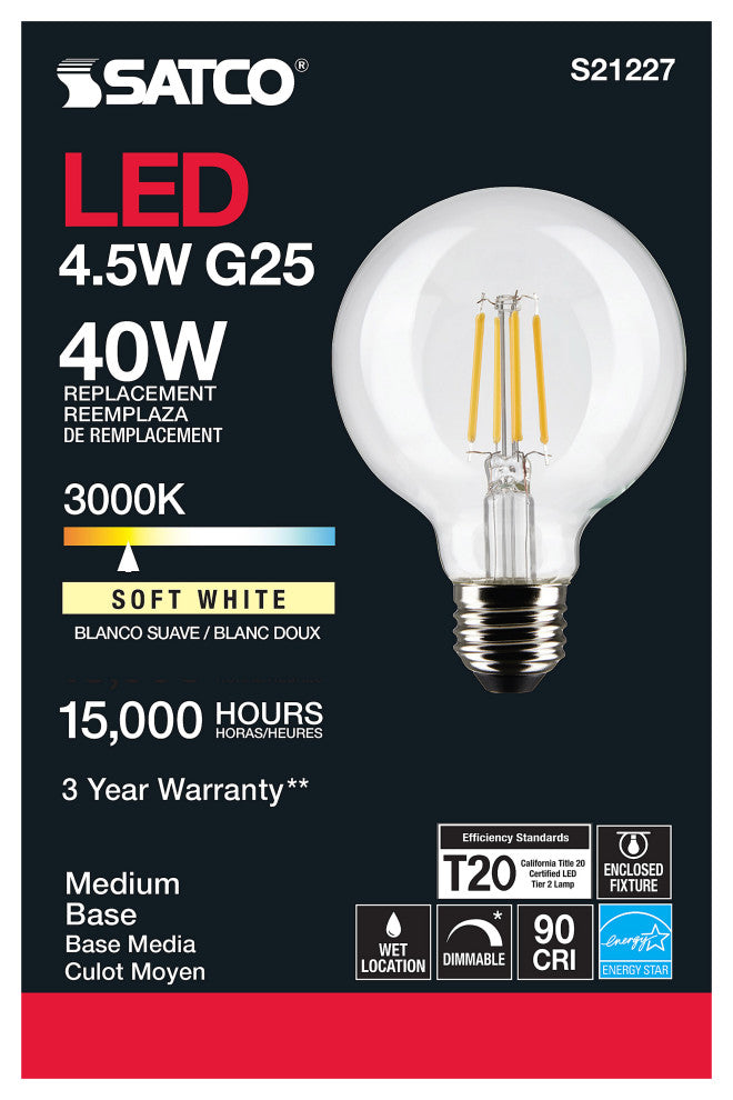 4.5W G25 LED, Clear, Medium Base, 90 CRI, 3000K, 120V