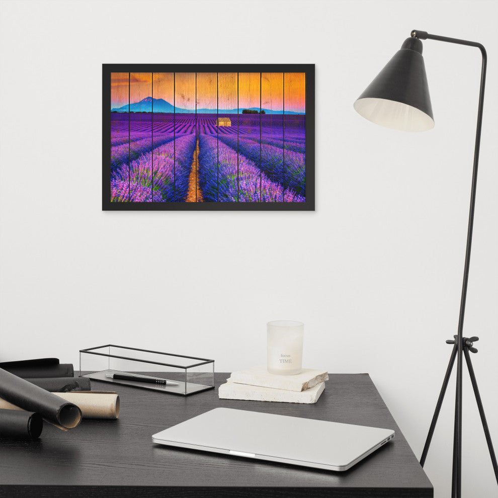 Faux Wood Lavender Fields and Sunset Landscape Framed Photo Paper Wall Art Print, Black, 12" X 18"