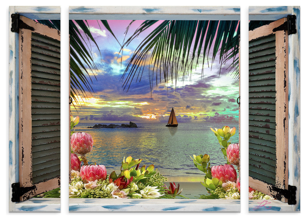 Leo Kelly ''Tropical Window to Paradise III'' Multi Panel Art Set Large, 41"x30"