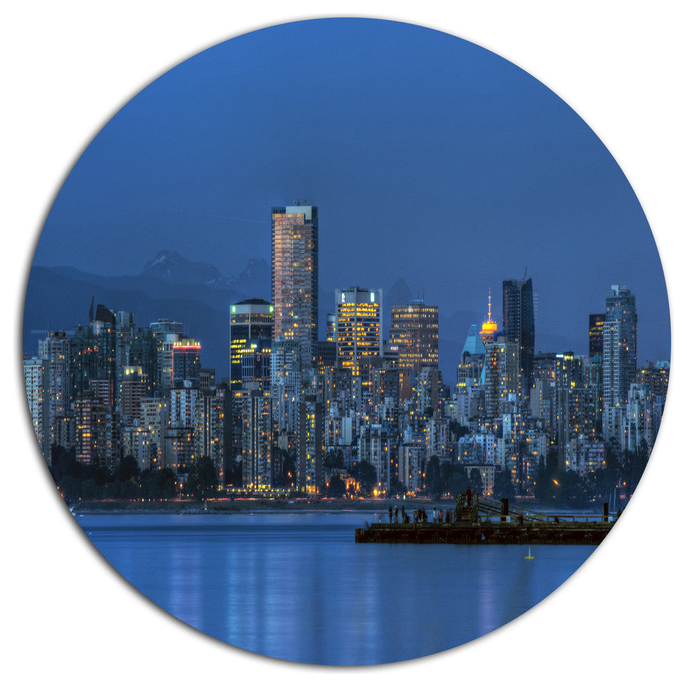 Vancouver Downtown In Evening, Cityscape Wall Disc Metal Artwork, 11"