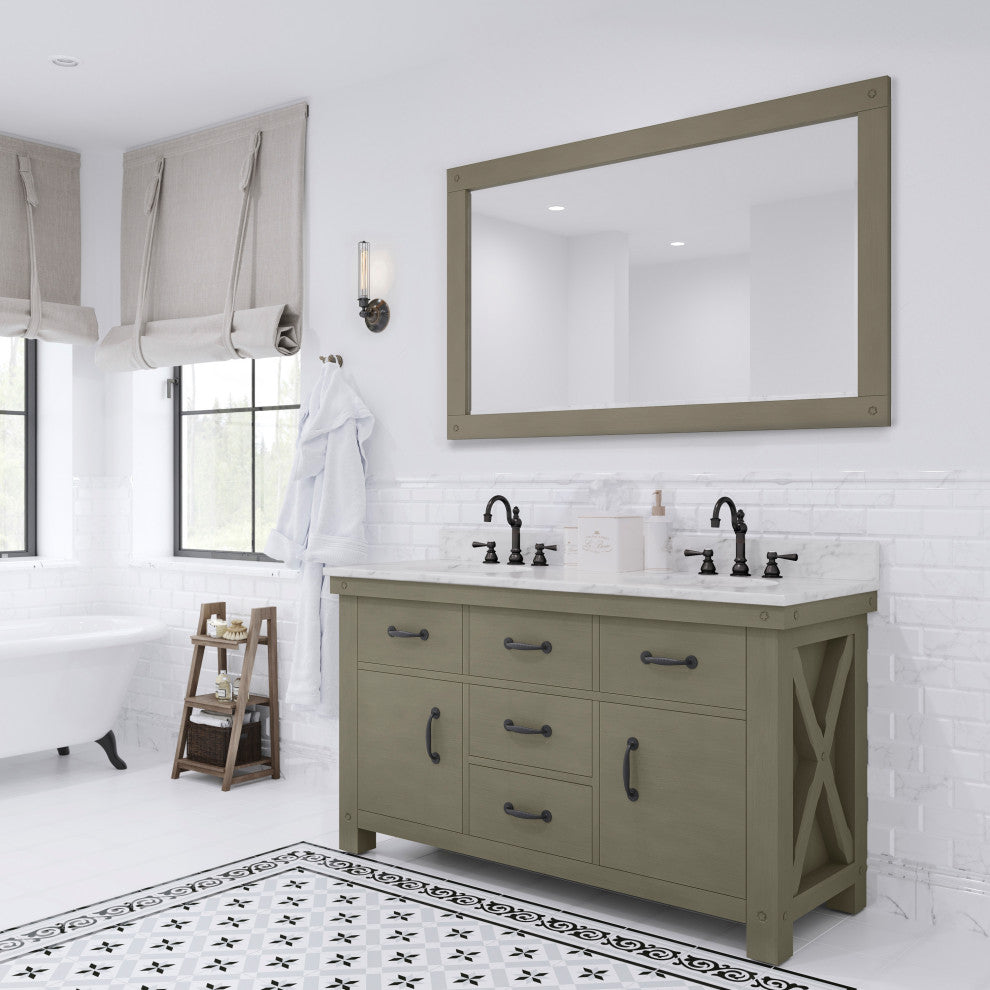 60" Grizzle Gray Double Sink Vanity With Carrara White Marble Counter Top, Mirro
