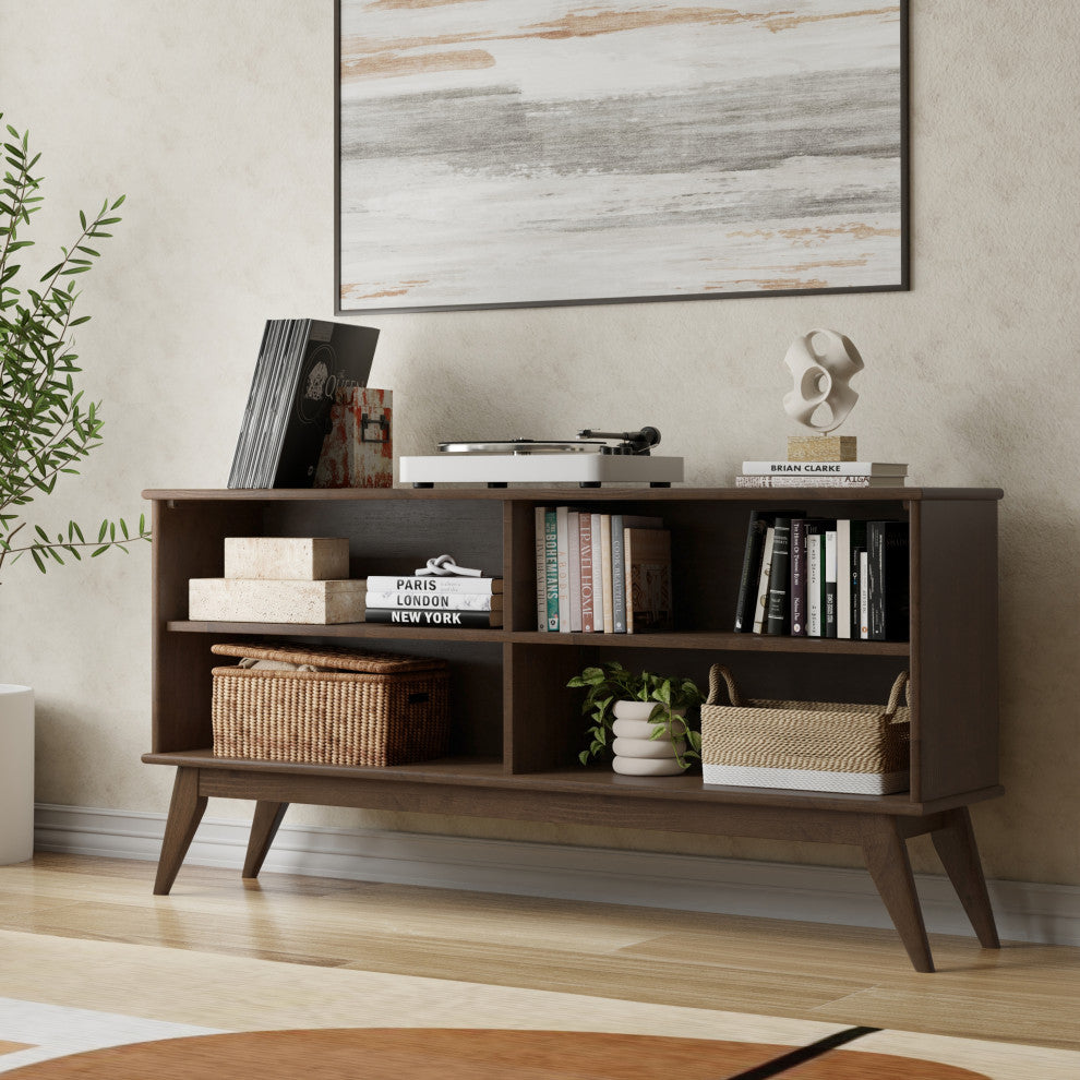 Draper SOLID HARDWOOD Mid Century Low Bookcase, Walnut Brown