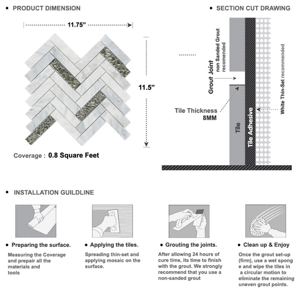 Modket White Carrara Marble Silver Glass Herringbone Tile Backsplash TDH143MO