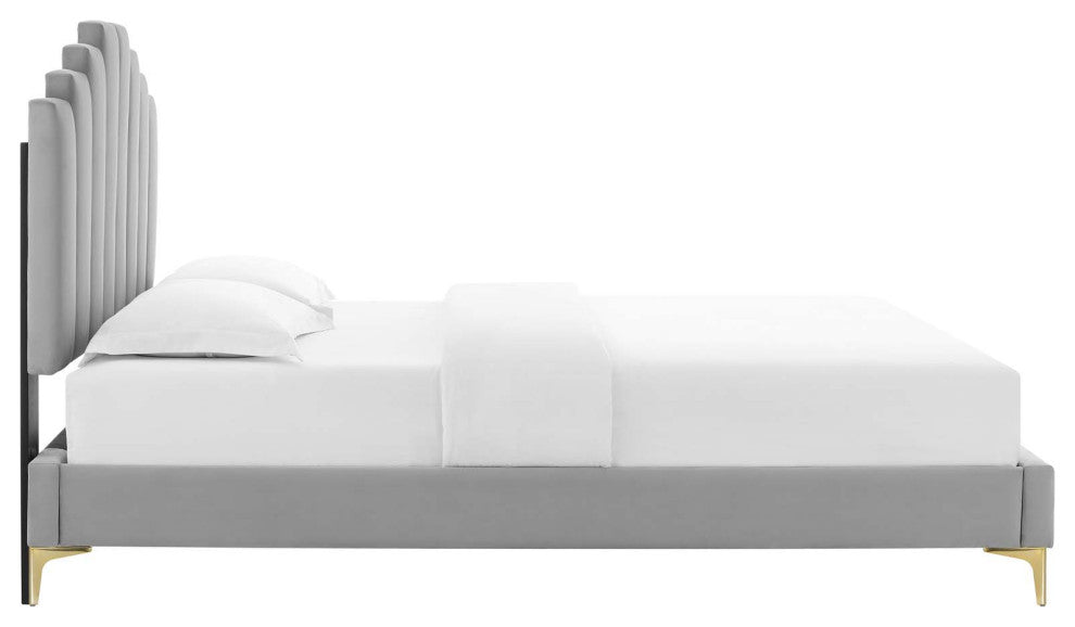 Elise Twin Performance Velvet Platform Bed Light Gray