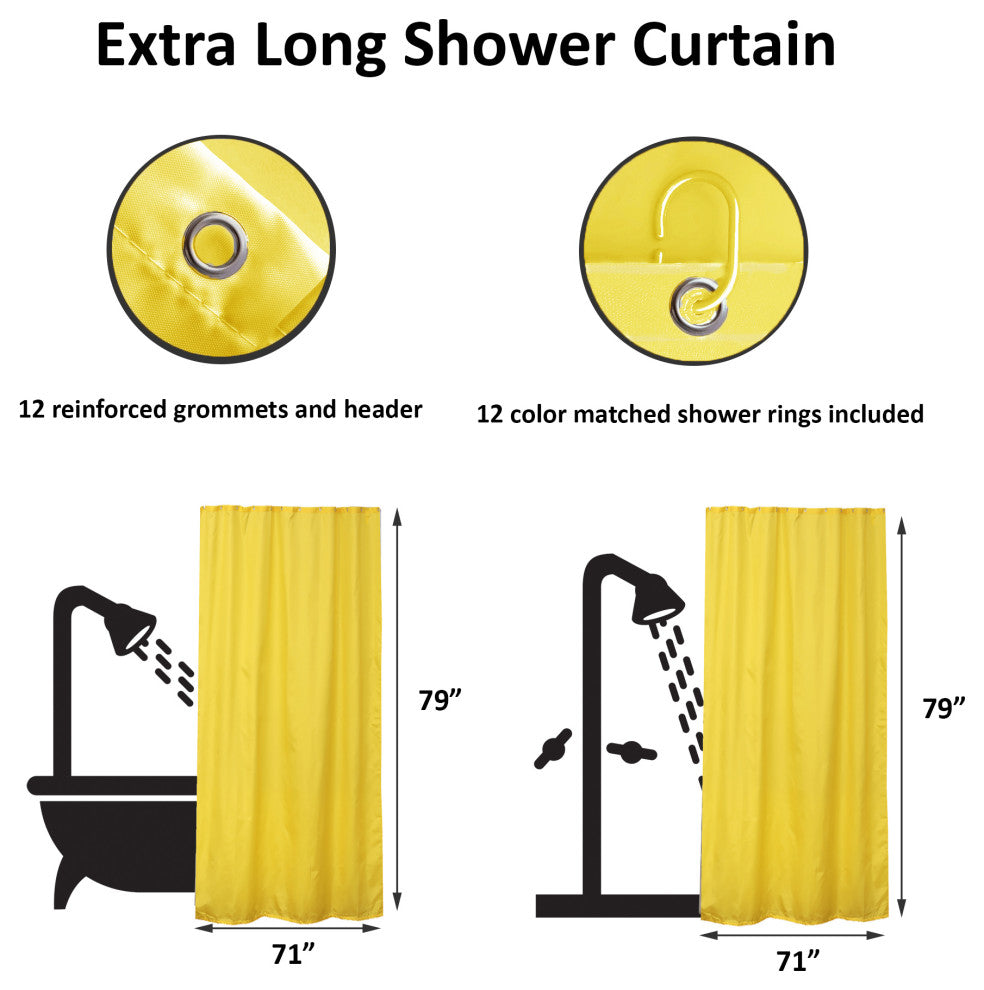 Extra Long Shower Curtain Polyester, 12 Rings, 79"Lx 71"W, Yellow