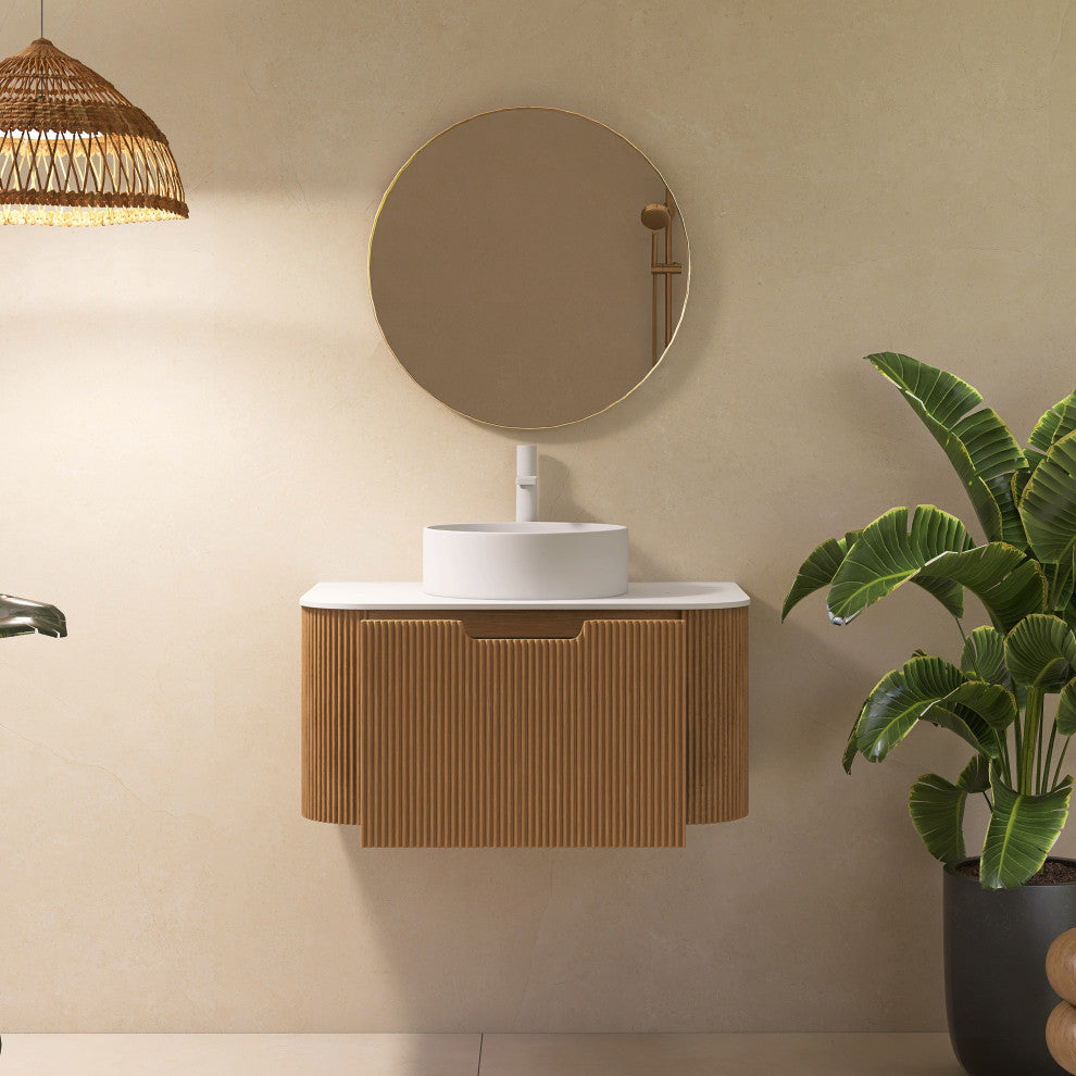Wall-Mounted Bathroom Vanity With White Round Ceramic Basin, Natural Wood, 30"