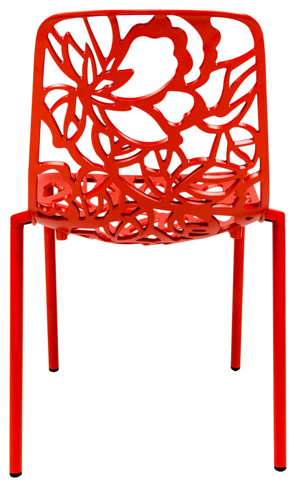 LeisureMod Devon Modern Outdoor Stackable Aluminum Dining Chair, Set of 4, Red