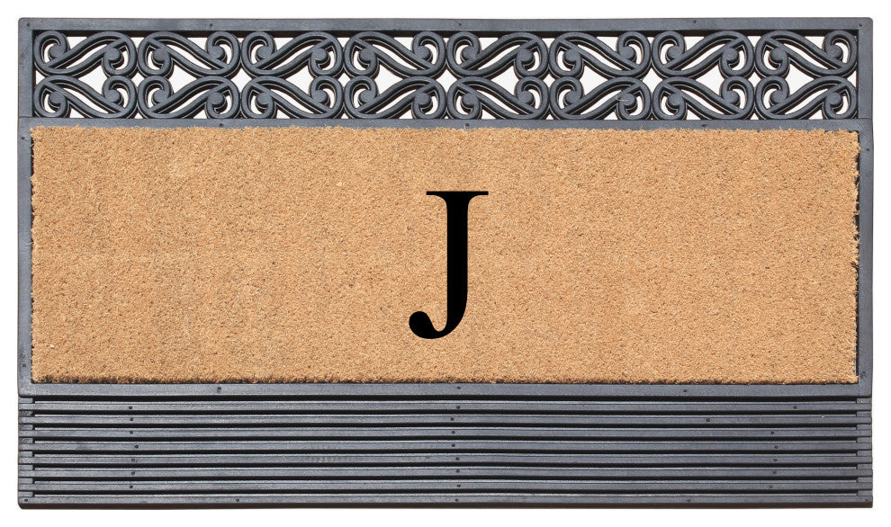 Rosewood Black/Beige 24"x36" Rubber And Coir Monogrammed Doormat, J