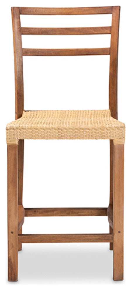 Modern Walnut Brown Finished Wood and Natural Rattan Counter Stool