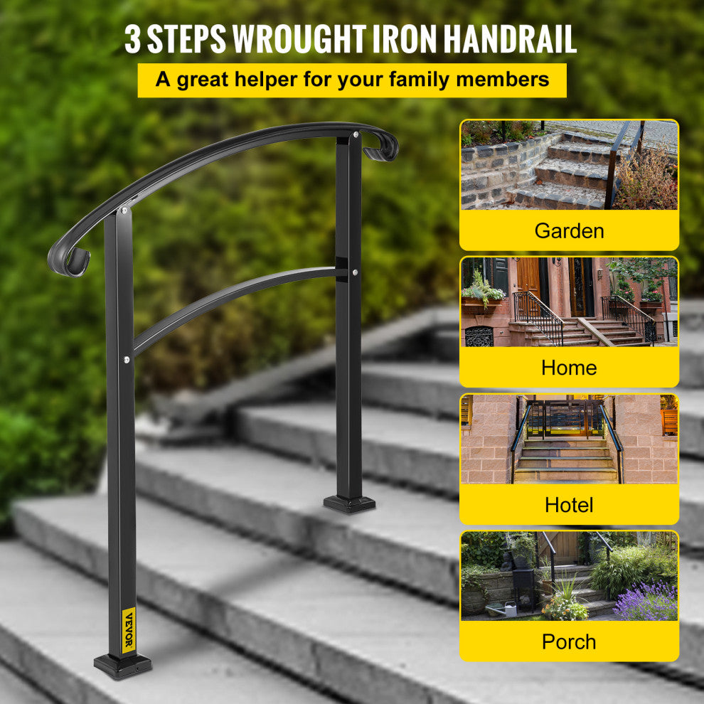Wrought Iron Handrail Outdoor Stair Rail with Installation Kit, Black, Fit 3 Steps