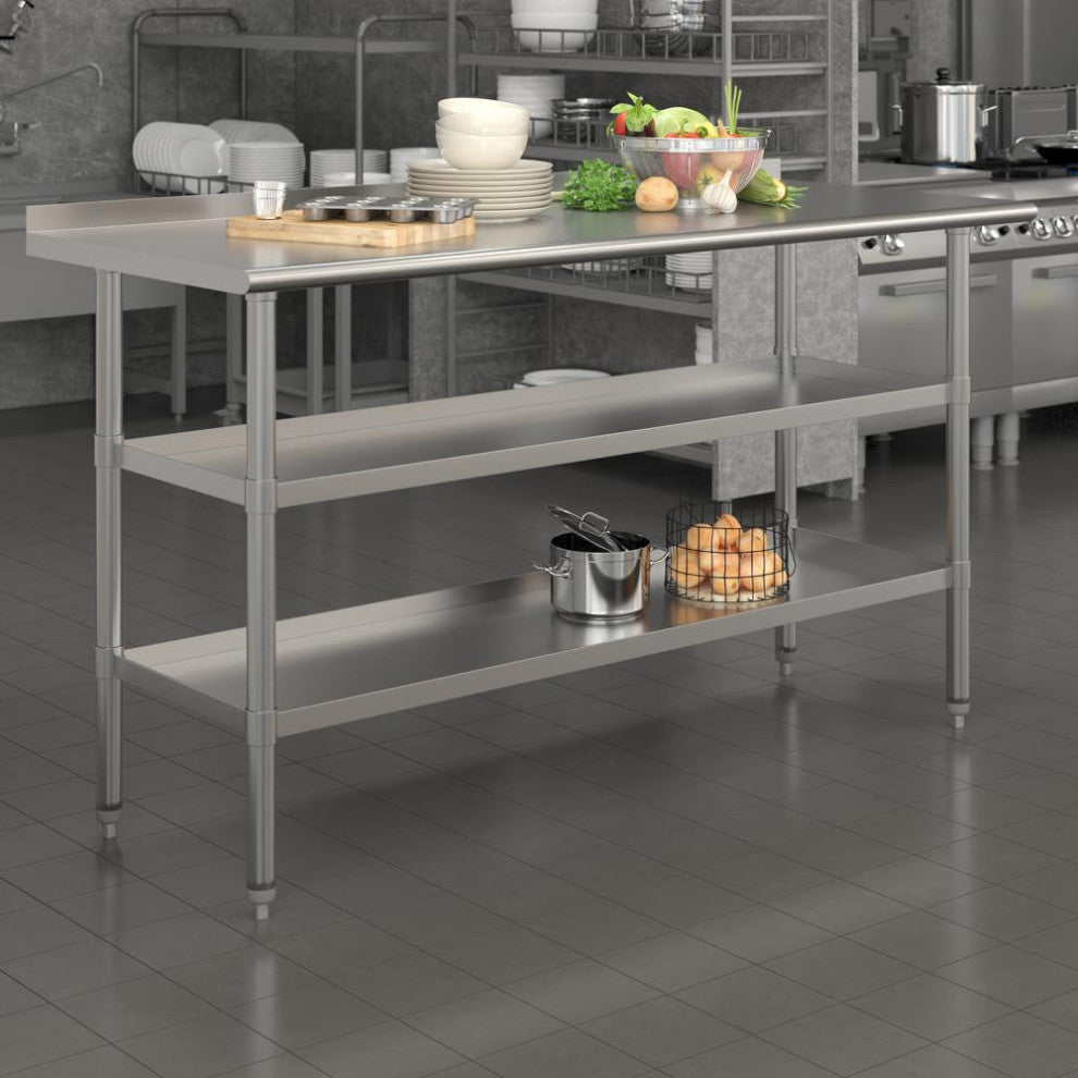 Stainless Steel 18 Gauge Work Table With 1.5" Backsplash and 2 Undershelves, NSF