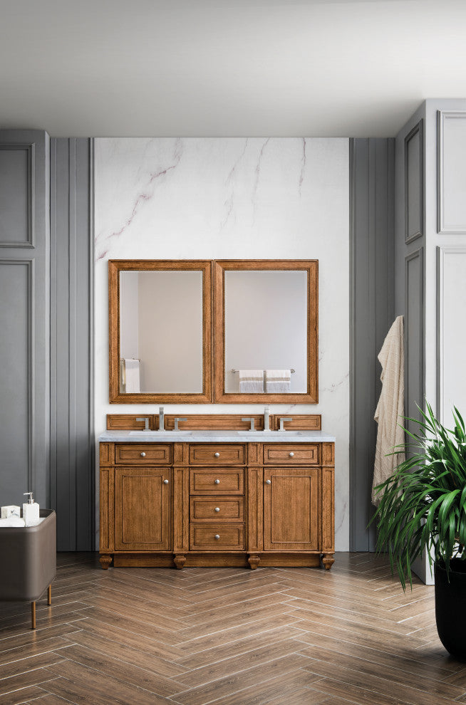 Bristol 60" Double Vanity, Saddle Brown, Arctic Fall Solid Surface Top