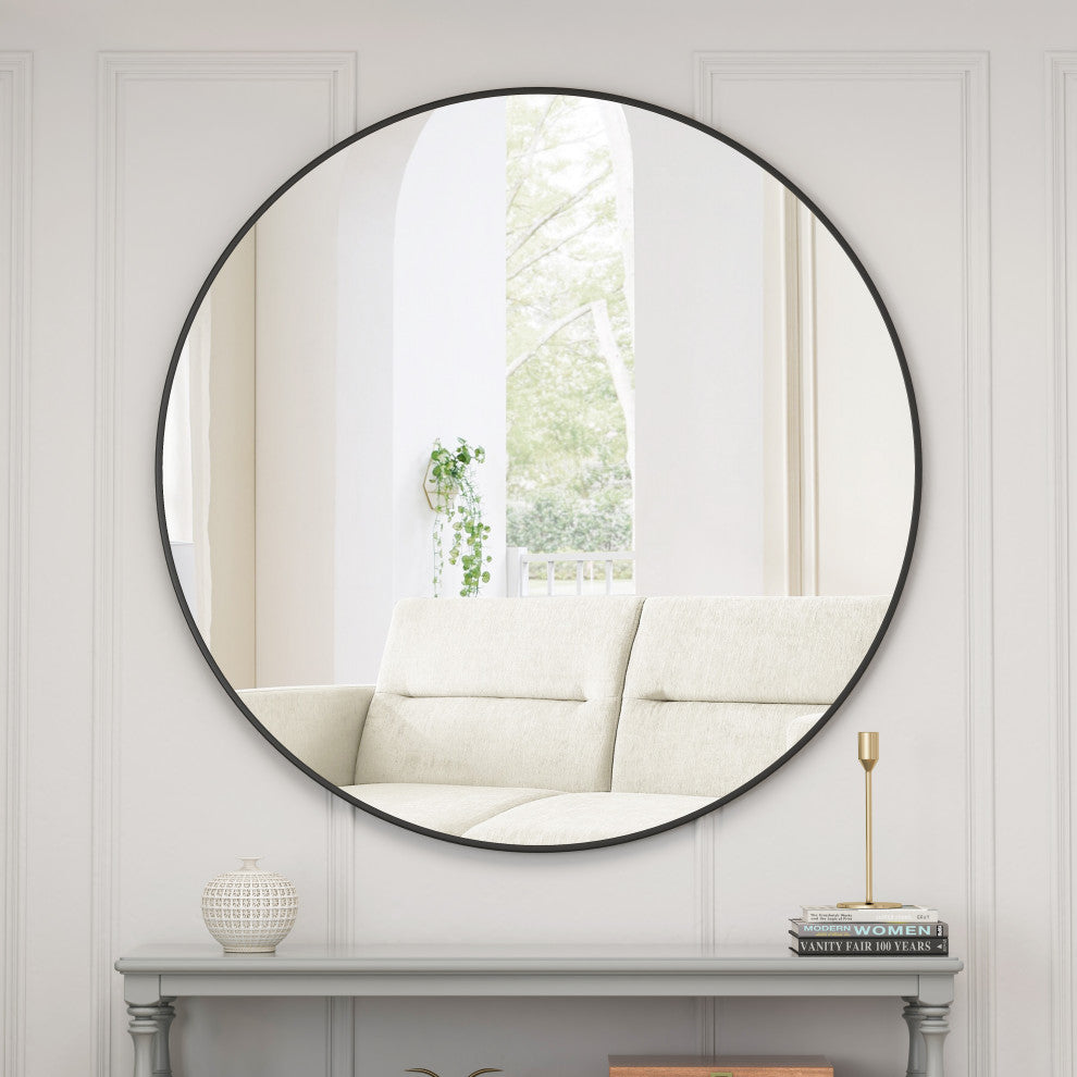 Round Framed Wall-Mounted Anti-fog Mirror, Black, 48" X 48"