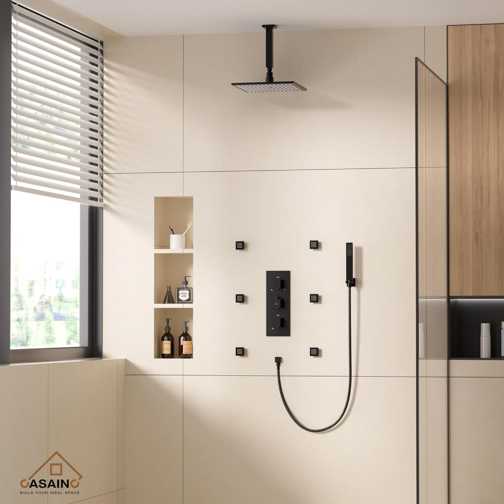 CASAINC 12" Ceiling Mounted Luxury LED Shower Head Handheld Spray, Matte Black