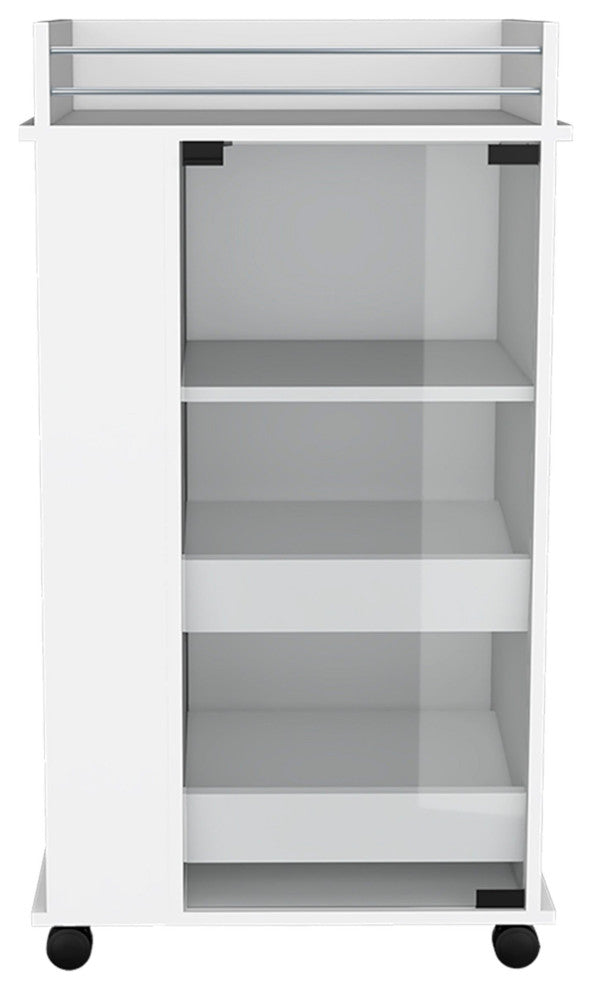 Lusk Bar Cart With Casters, Glass Door, 2 Inner Shelves, and Shelves, White