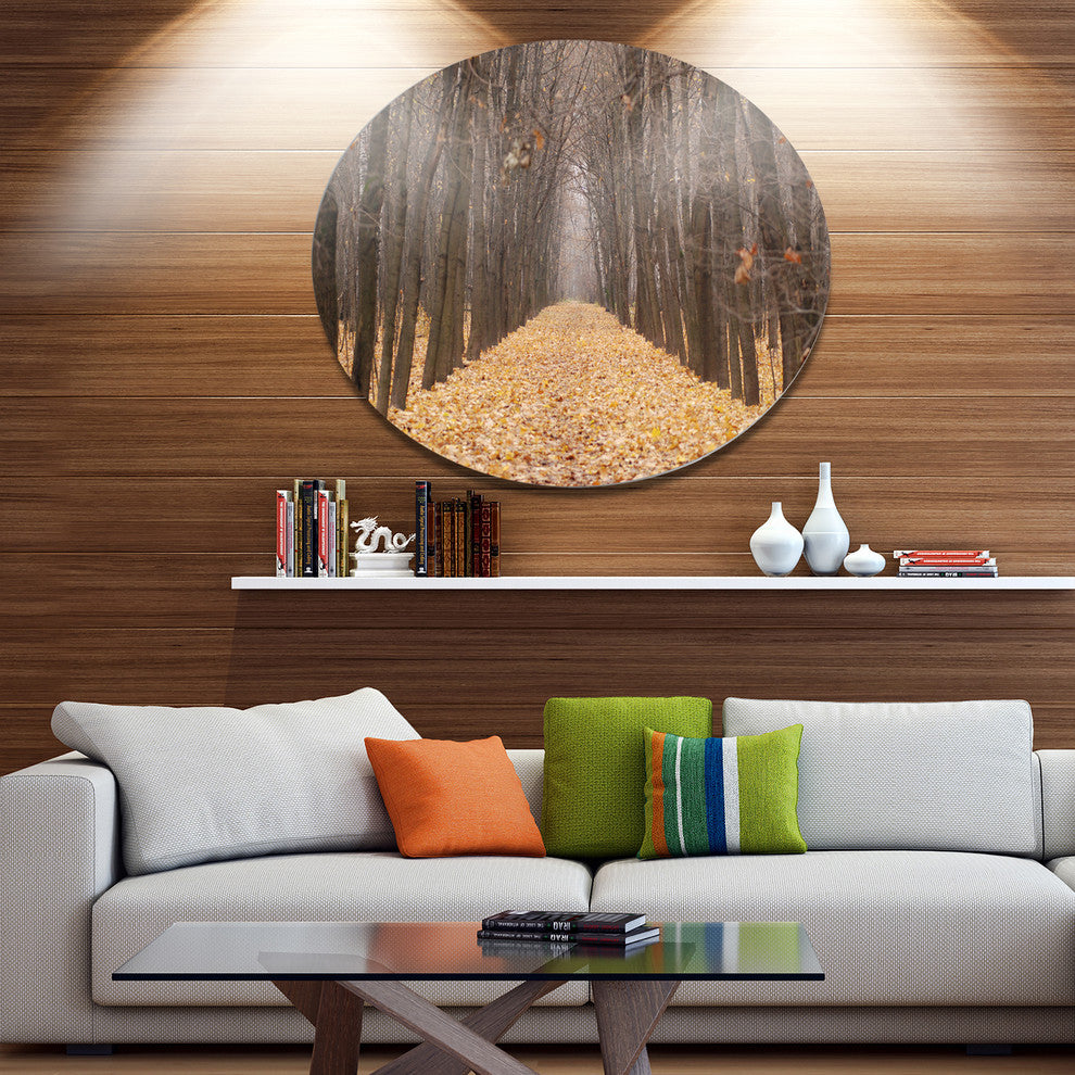 Yellow Road Through Fall Forest, Forest Round Metal Wall Art, 11"