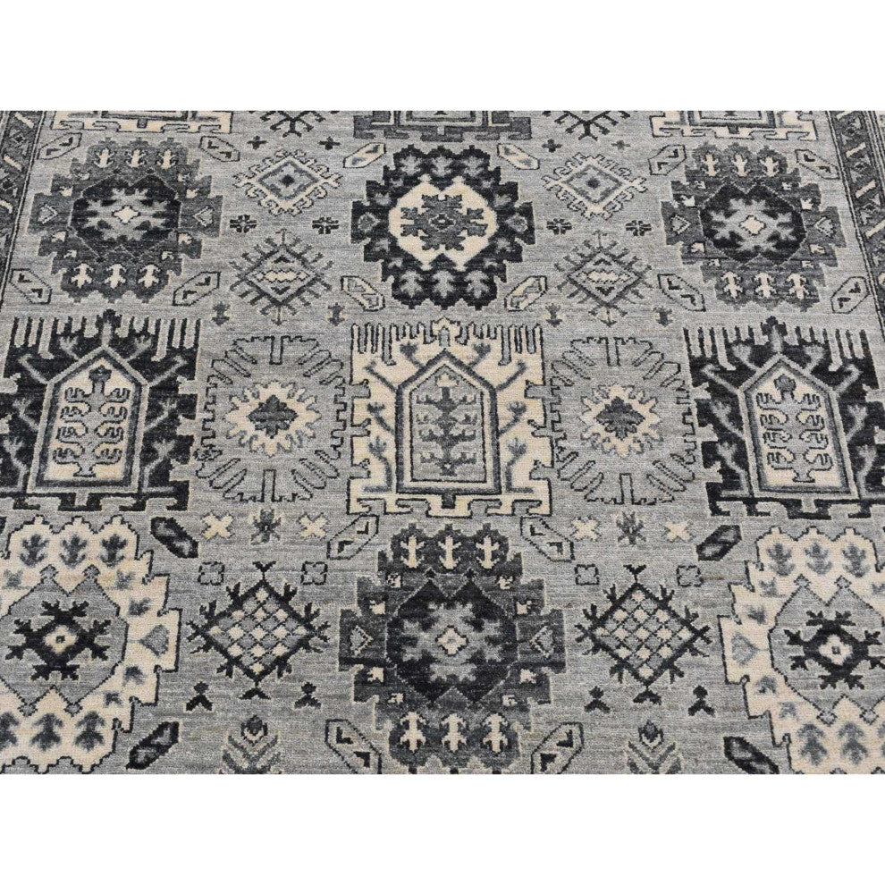 Medium Gray Pure Wool Hand Knotted Peshawar With Karajeh Design Rug 6'2"x9'2"
