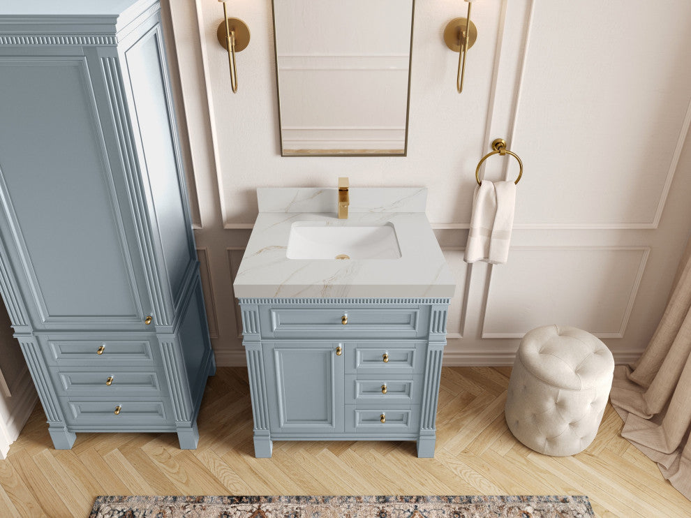Paris 30" Single Sink Bathroom Vanity, Blue Heather 2" Calacatta Sienna