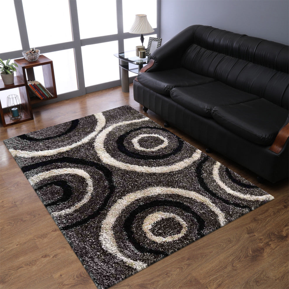 HAND TUFTED SHAG POLYESTER ECO-FRIENDLY AREA RUGS -  Gray Black Color, Geometric
