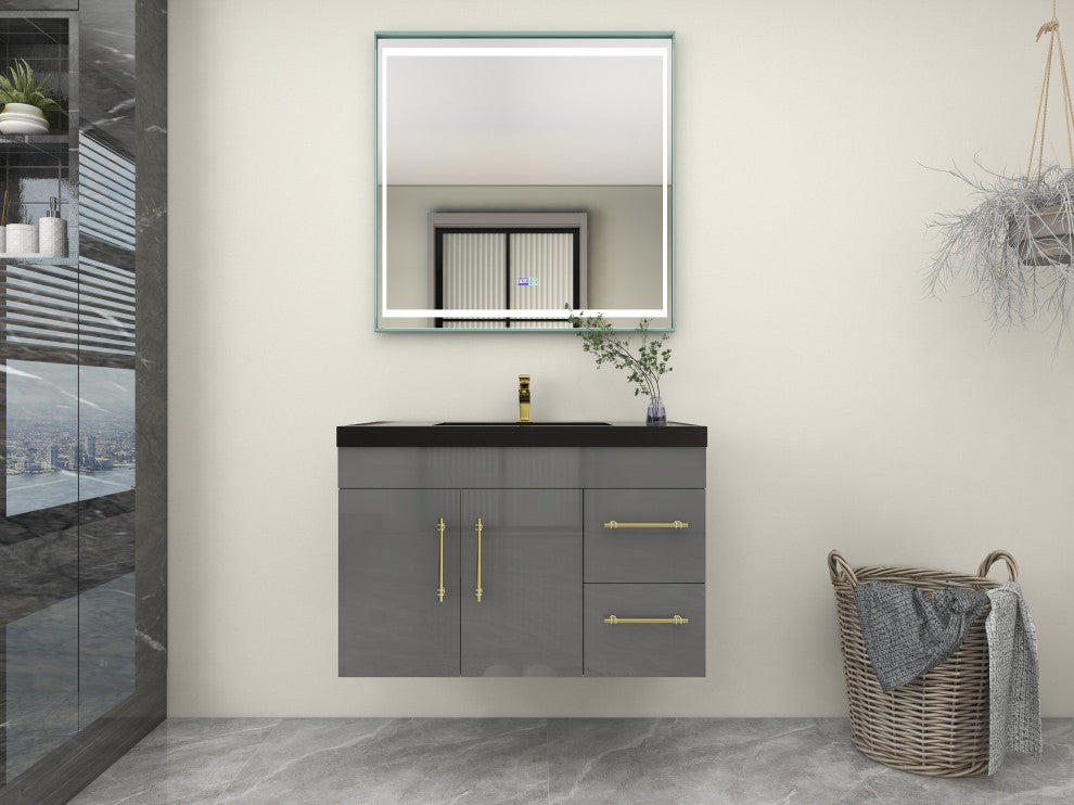 Rosa 36" Wall Mounted Modern Vanity, High Gloss Gray, Matt Black Top