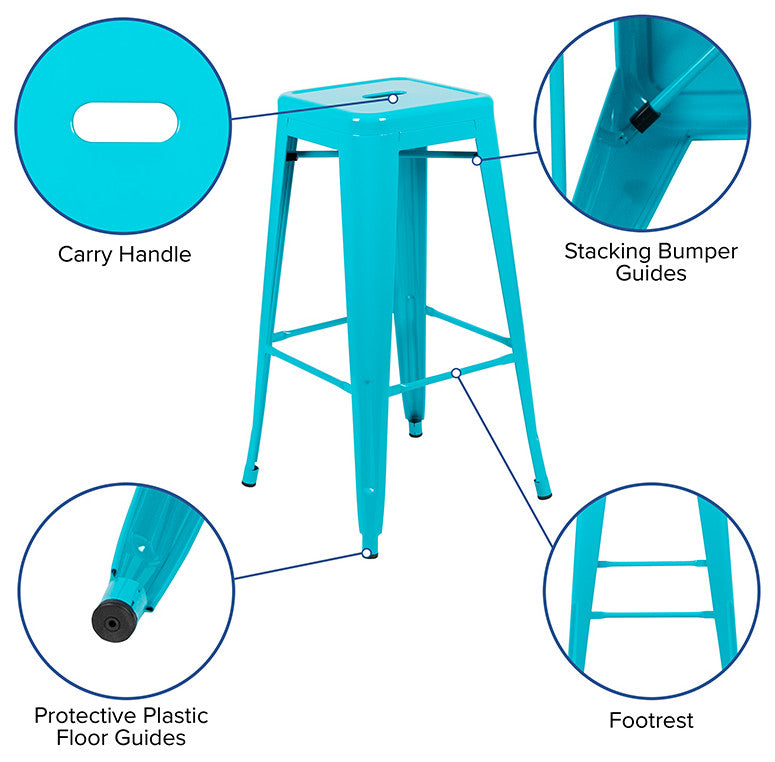 30" Metal Indoor Bar Stool, Stackable Set of 4, Teal