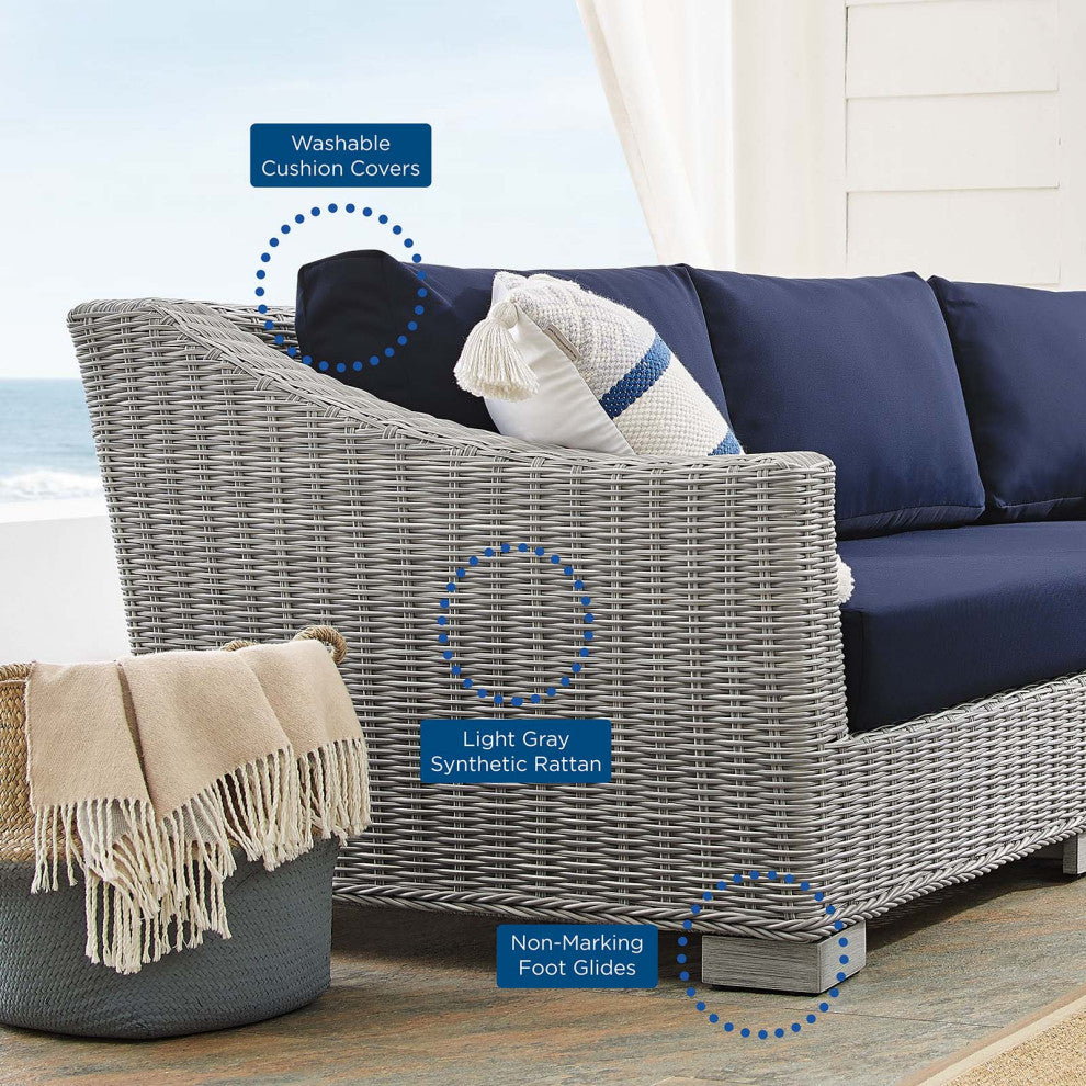 Lounge Sofa Chair Table Set, Rattan, Wicker, Gray Blue Navy, Outdoor