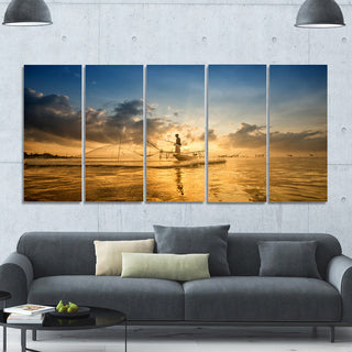 Pakpra with Fisherman at Sunrise, Landscape Canvas Art Print, 60"x28", 5 Panels