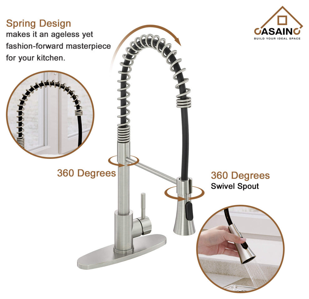 Kitchen Faucet Spring Standard Dual-Function Spray Head Deck Plate Brushed Nicke