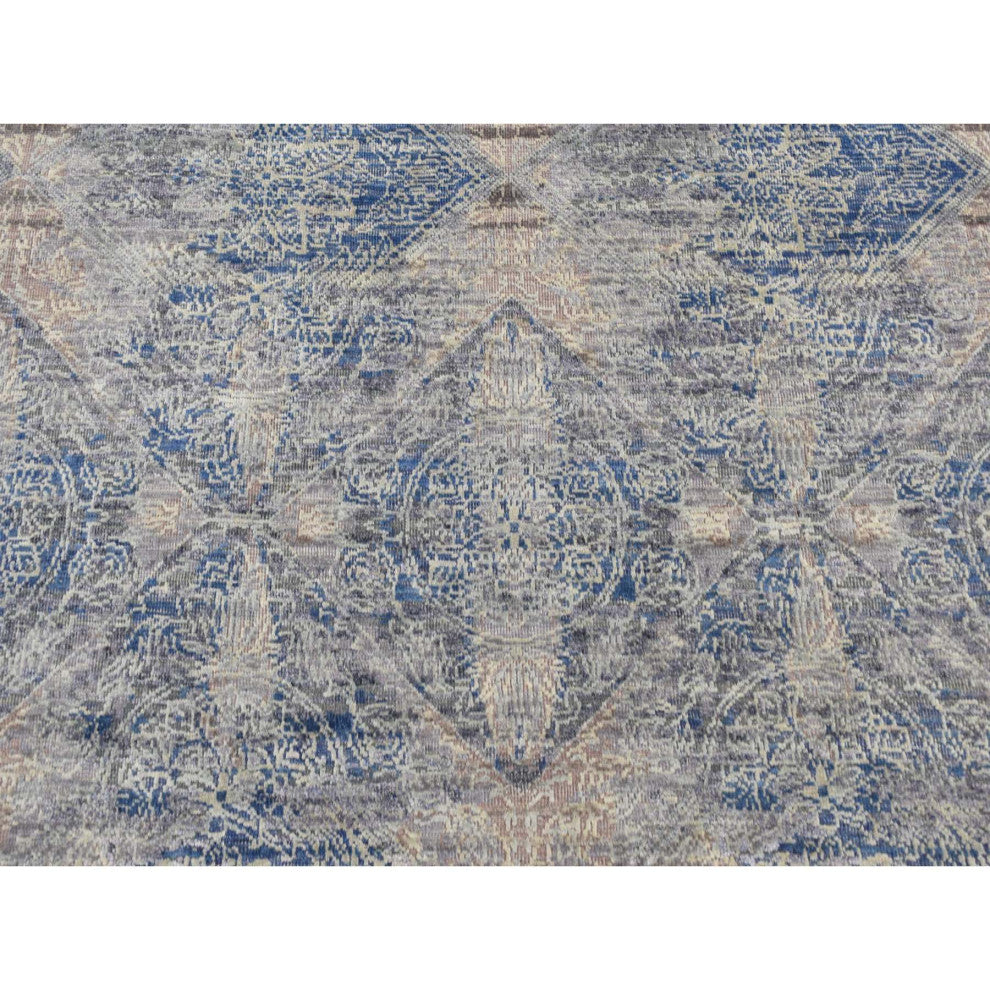 Gray, ERASED ROSSETS, Silk With Textured Wool, Hand Knotted, Rug, 4'9"x7'