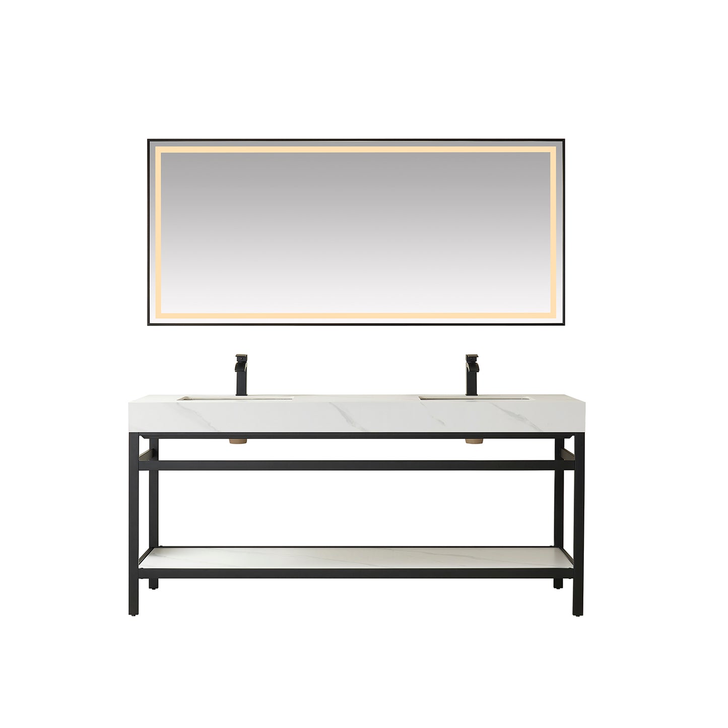 Funes Bath Vanity with Mirror, Matte Black Support, 72" Double Sink, White Stone Top