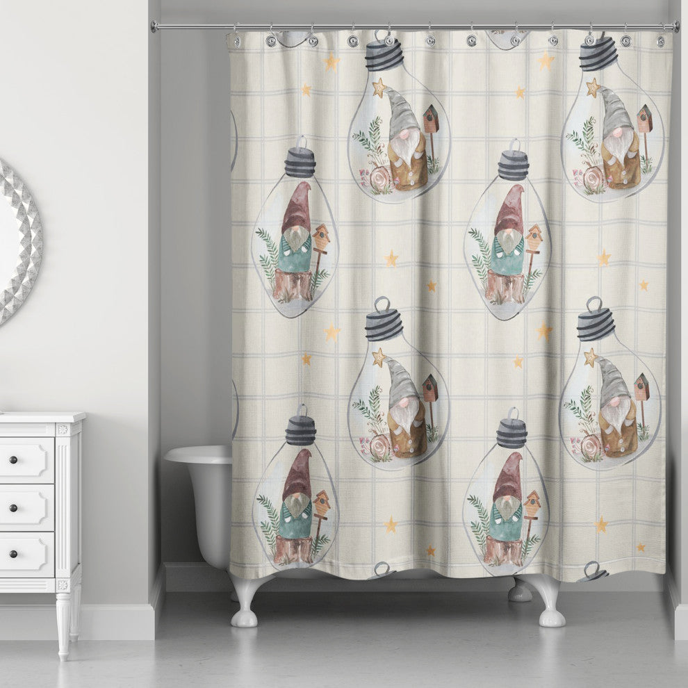 Cream and Gray Check Gnome Globe Pattern 71x74 Shower Curtain