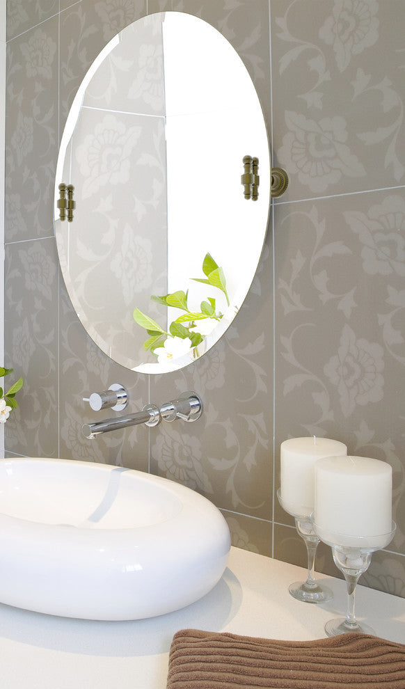 Frameless Oval Beveled Edge Tilt Mirror, Polished Nickel
