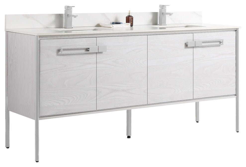 Oakville Bath Vanity, Ceramic Sink, Mild Grey Oak, 72 Inch, Chrome Hardware