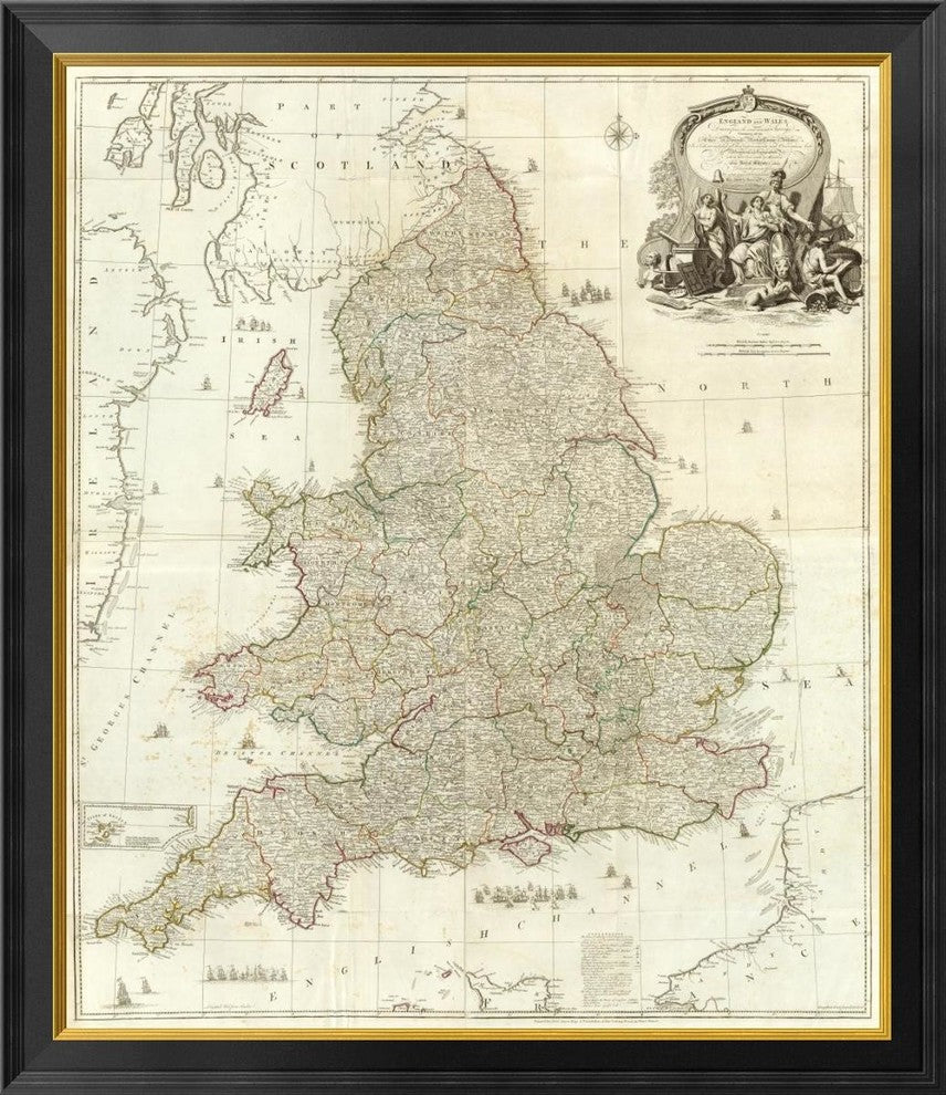 "Composite: England, Wales, 1790" Framed Canvas Giclee by John Rocque, 31x40"