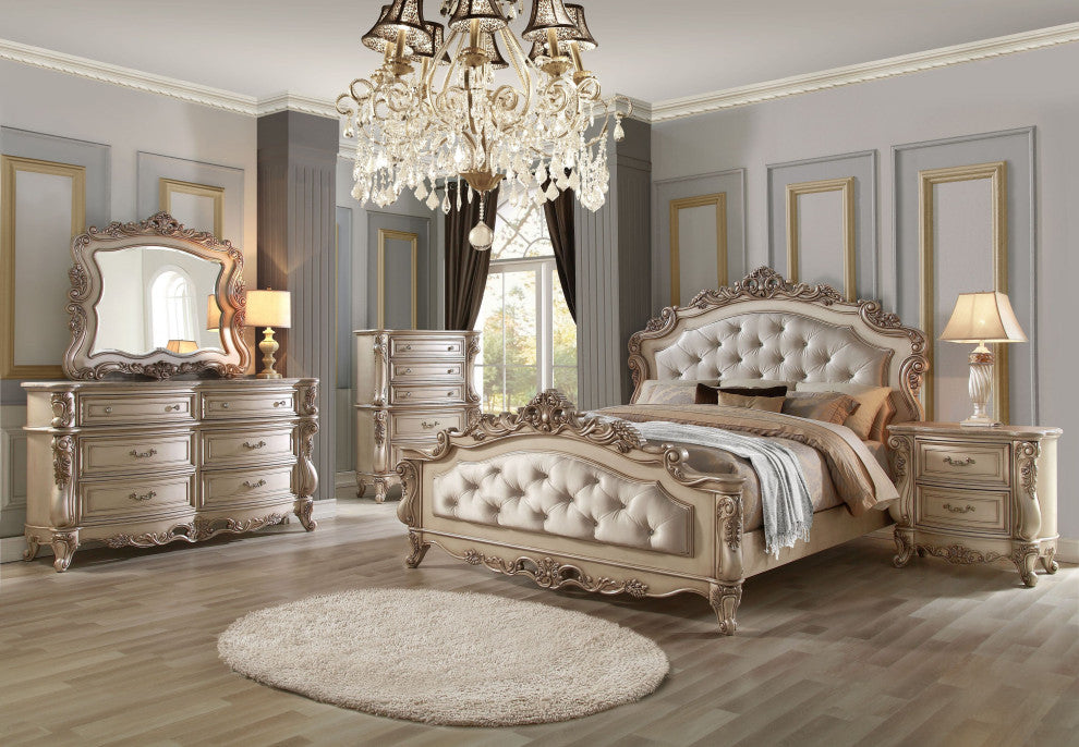 ACME Gorsedd Eastern King Bed, Fabric and Golden Ivory