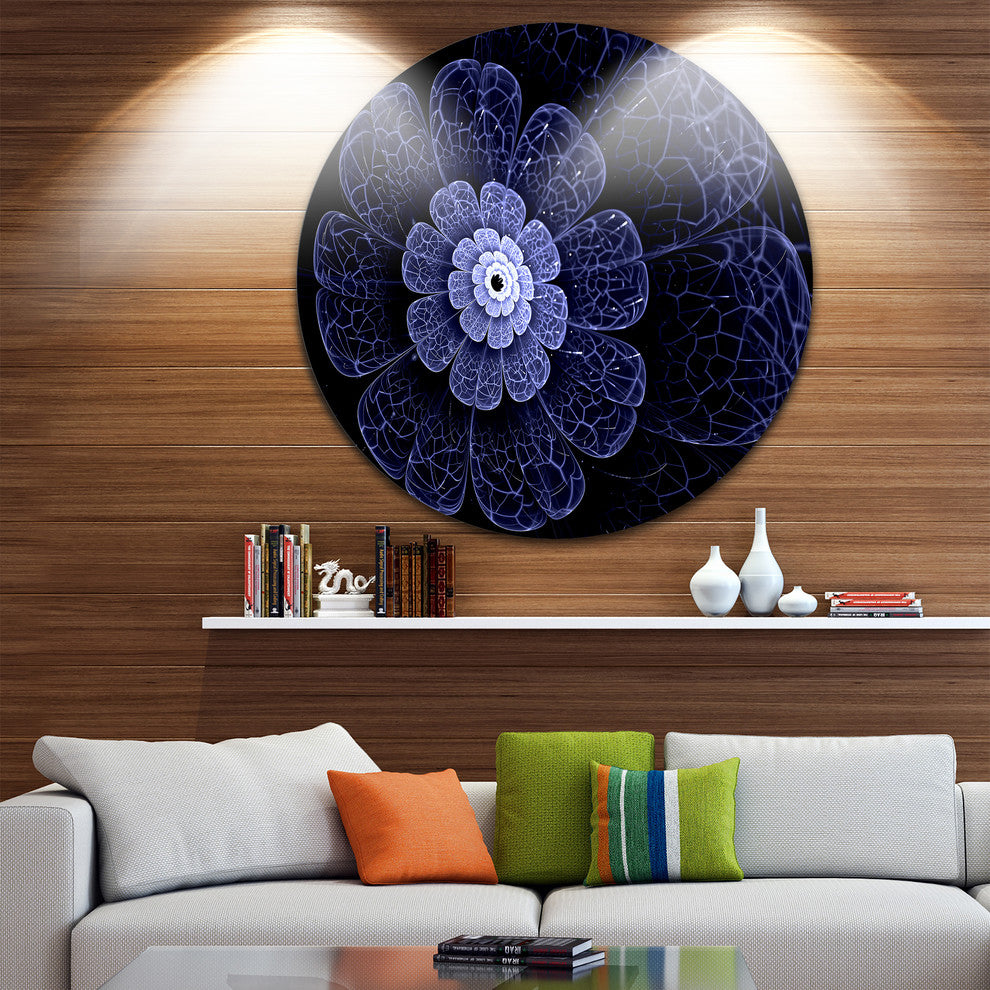 Glittering Bright Blue Fractal Flower, Floral Round Wall Art, 23"